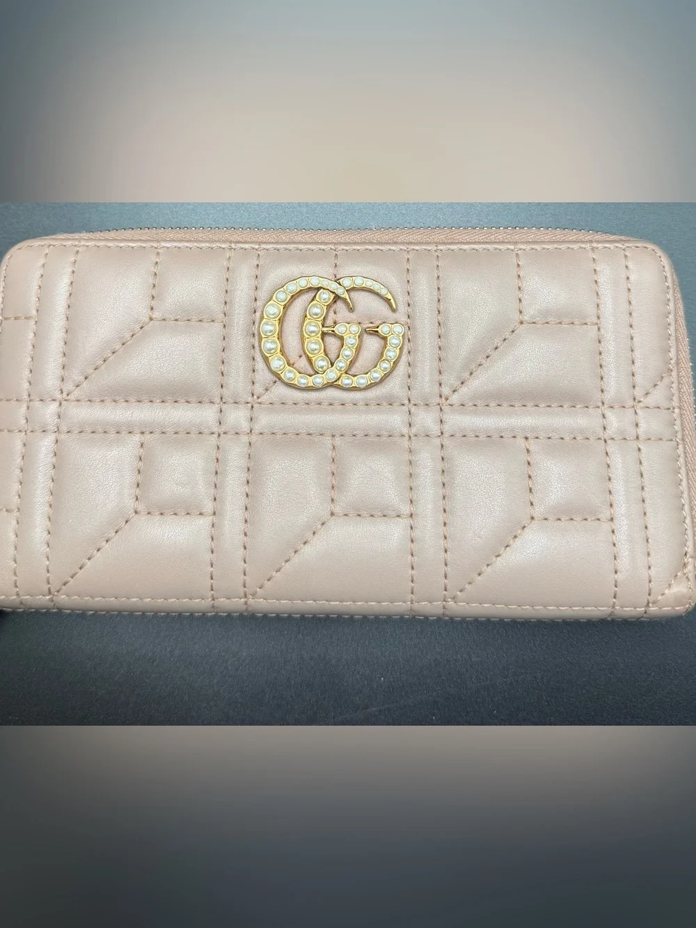 Gucci Quilted Leather Wallet in Blush with Pearl-Studded Gold GG